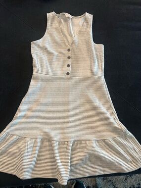 LOFT Cream Knit Mini Dress with Subtle Navy Stripes